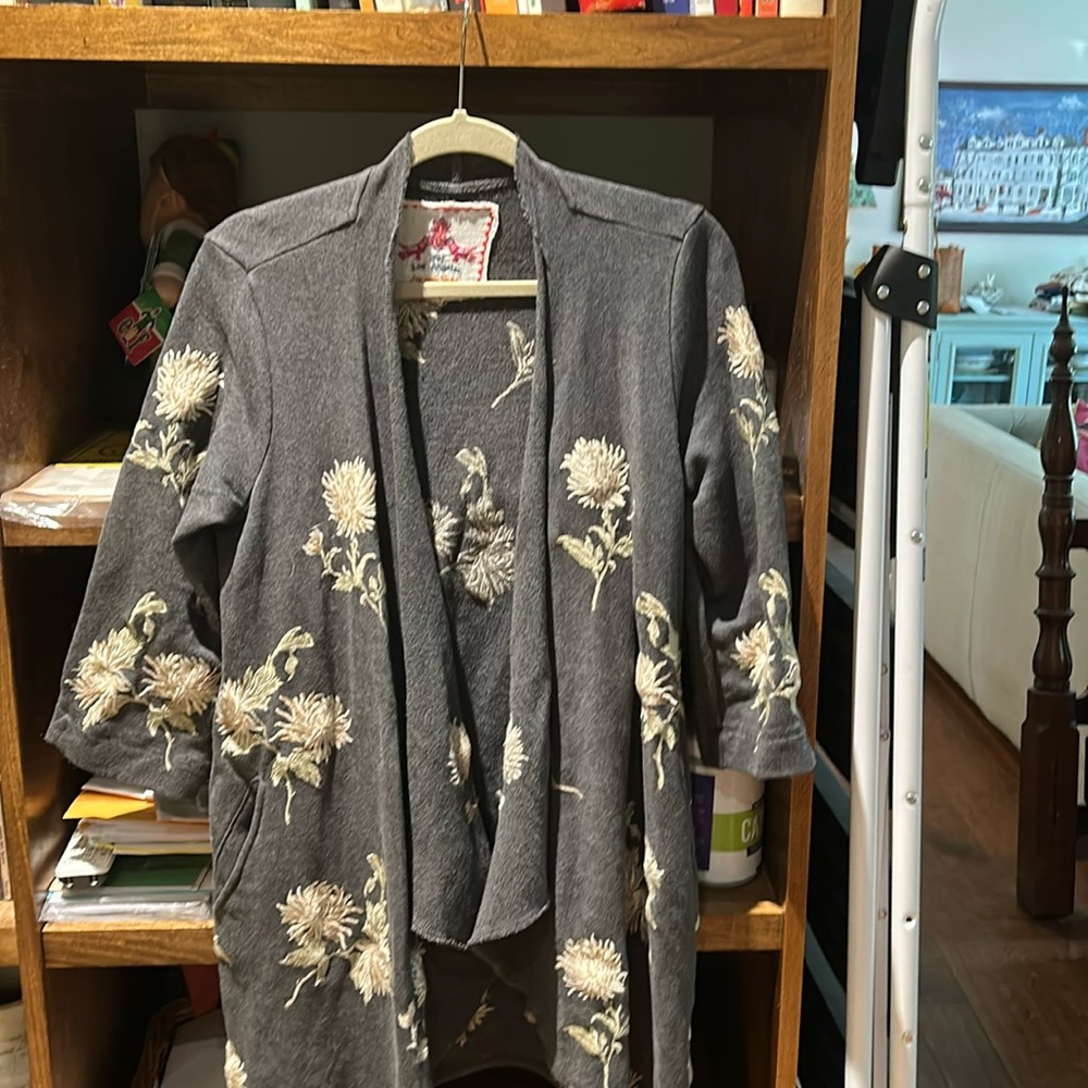 Johnny Was Gray Floral Embroidered Cardigan- Medium